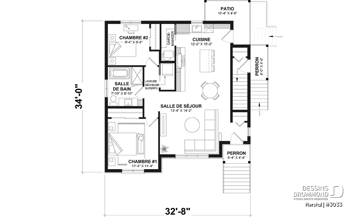 Rez-de-chaussée - Plan de triplex, 2 chambres, 1 salle de bain, terrasse, aire ouverte et garde-manger à chaque logement - Herstal