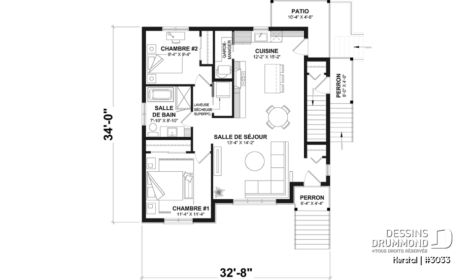 Rez-de-chaussée - Plan de triplex, 2 chambres, 1 salle de bain, terrasse, aire ouverte et garde-manger à chaque logement - Herstal