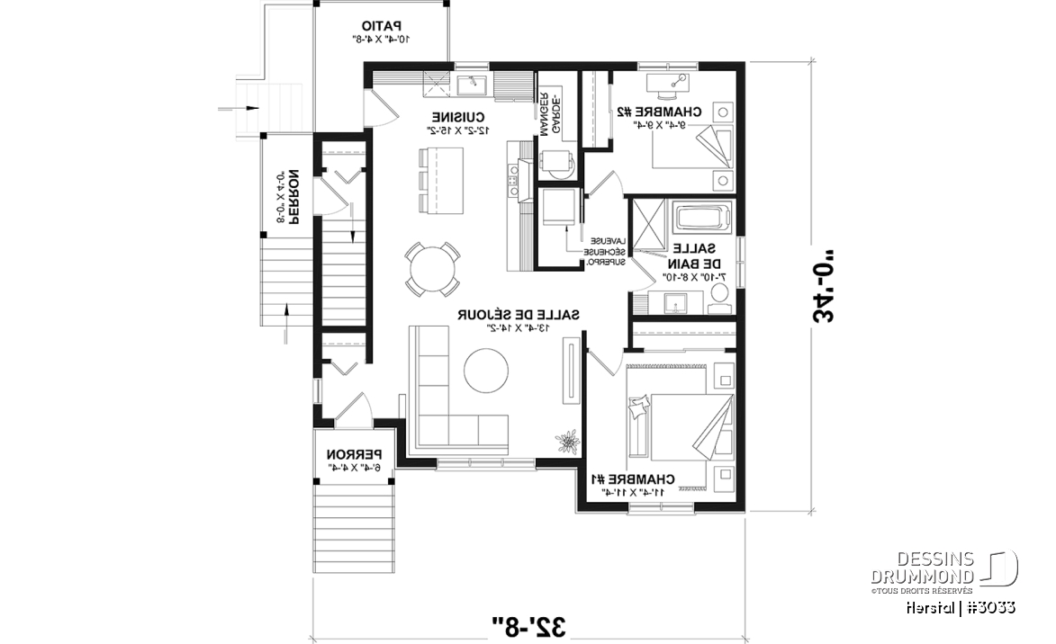 Rez-de-chaussée - Plan de triplex, 2 chambres, 1 salle de bain, terrasse, aire ouverte et garde-manger à chaque logement - Herstal