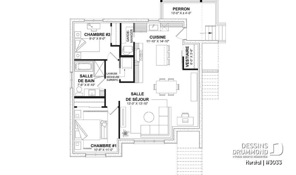 Sous-sol - Plan de triplex, 2 chambres, 1 salle de bain, terrasse, aire ouverte et garde-manger à chaque logement - Herstal