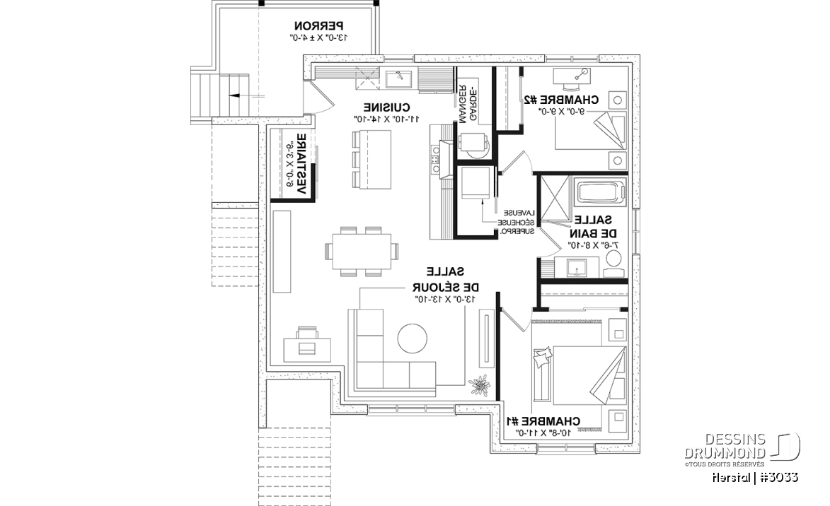 Sous-sol - Plan de triplex, 2 chambres, 1 salle de bain, terrasse, aire ouverte et garde-manger à chaque logement - Herstal