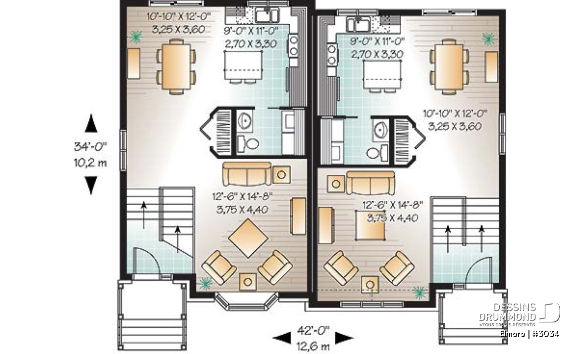 Rez-de-chaussée - Plan de maison jumelée, 3 chambres, 1.5 salles de bain, buanderie au rez-de-chaussée, cuisine avec îlot - Elmore