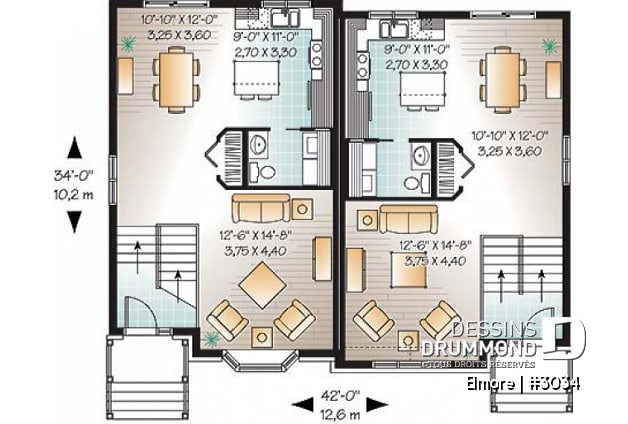 Rez-de-chaussée - Plan de maison jumelée, 3 chambres, 1.5 salles de bain, buanderie au rez-de-chaussée, cuisine avec îlot - Elmore