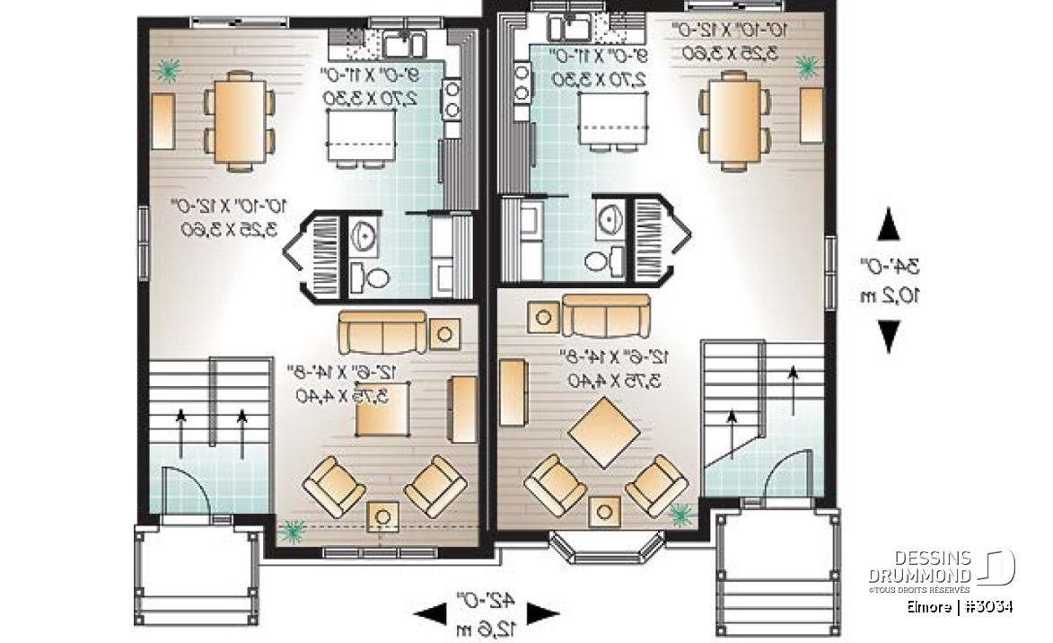 Rez-de-chaussée - Plan de maison jumelée, 3 chambres, 1.5 salles de bain, buanderie au rez-de-chaussée, cuisine avec îlot - Elmore