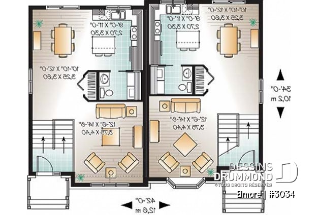Rez-de-chaussée - Plan de maison jumelée, 3 chambres, 1.5 salles de bain, buanderie au rez-de-chaussée, cuisine avec îlot - Elmore