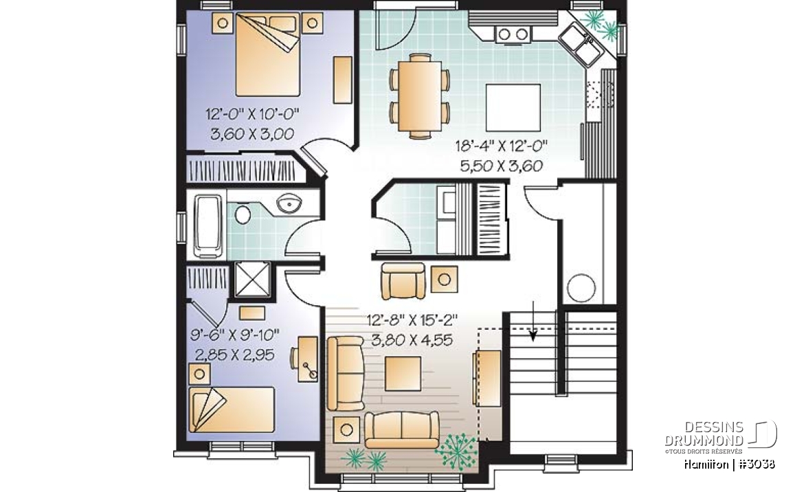 Étage - Plan de triplex, 2 chambres, 1 salle de bain, buanderie, cuisine avec îlot,  rangement - Hamilton
