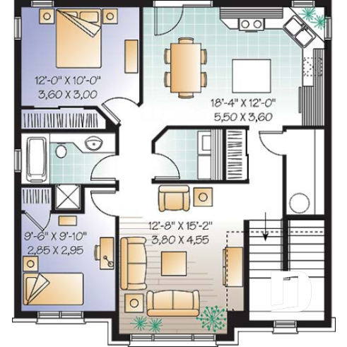 Étage - Plan de triplex, 2 chambres, 1 salle de bain, buanderie, cuisine avec îlot,  rangement - Hamilton
