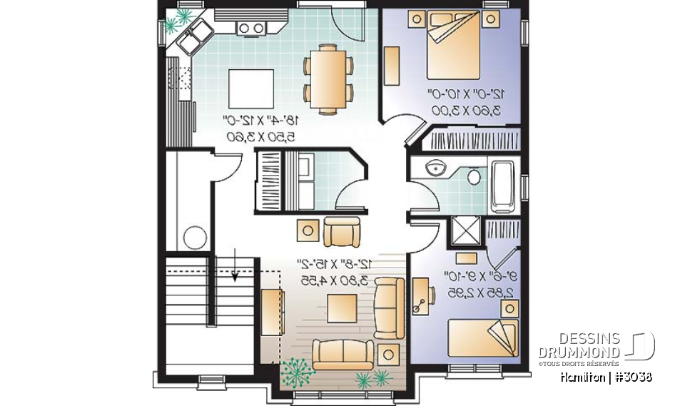 Étage - Plan de triplex, 2 chambres, 1 salle de bain, buanderie, cuisine avec îlot,  rangement - Hamilton