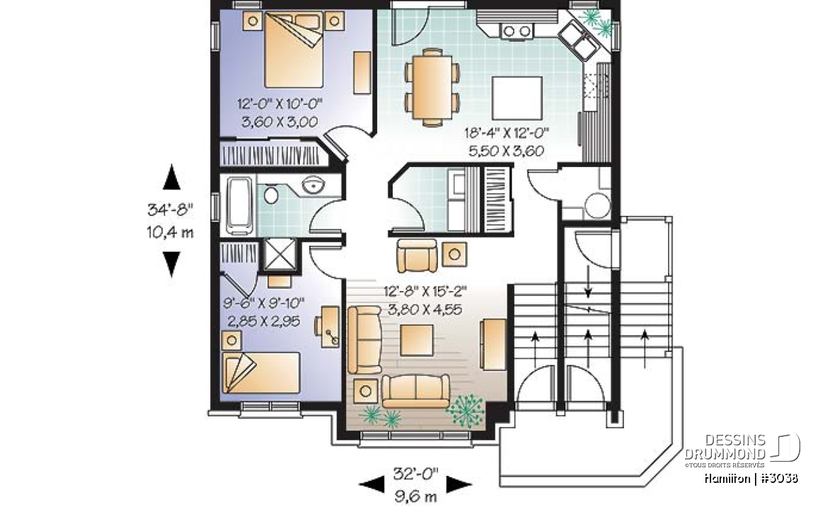 Rez-de-chaussée - Plan de triplex, 2 chambres, 1 salle de bain, buanderie, cuisine avec îlot,  rangement - Hamilton