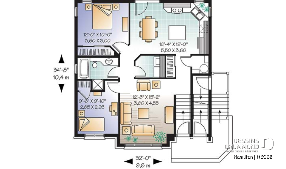 Rez-de-chaussée - Plan de triplex, 2 chambres, 1 salle de bain, buanderie, cuisine avec îlot,  rangement - Hamilton