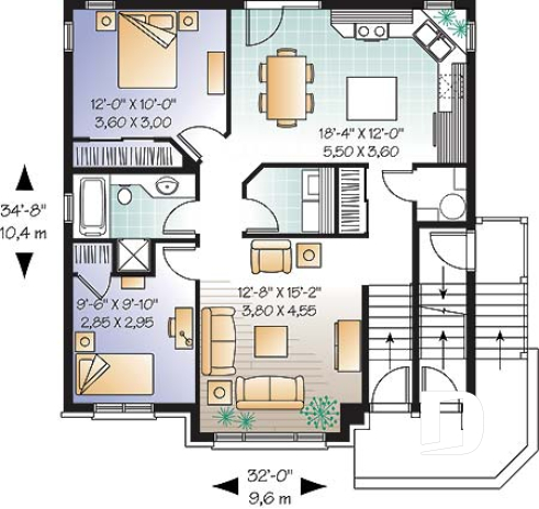 Rez-de-chaussée - Plan de triplex, 2 chambres, 1 salle de bain, buanderie, cuisine avec îlot,  rangement - Hamilton