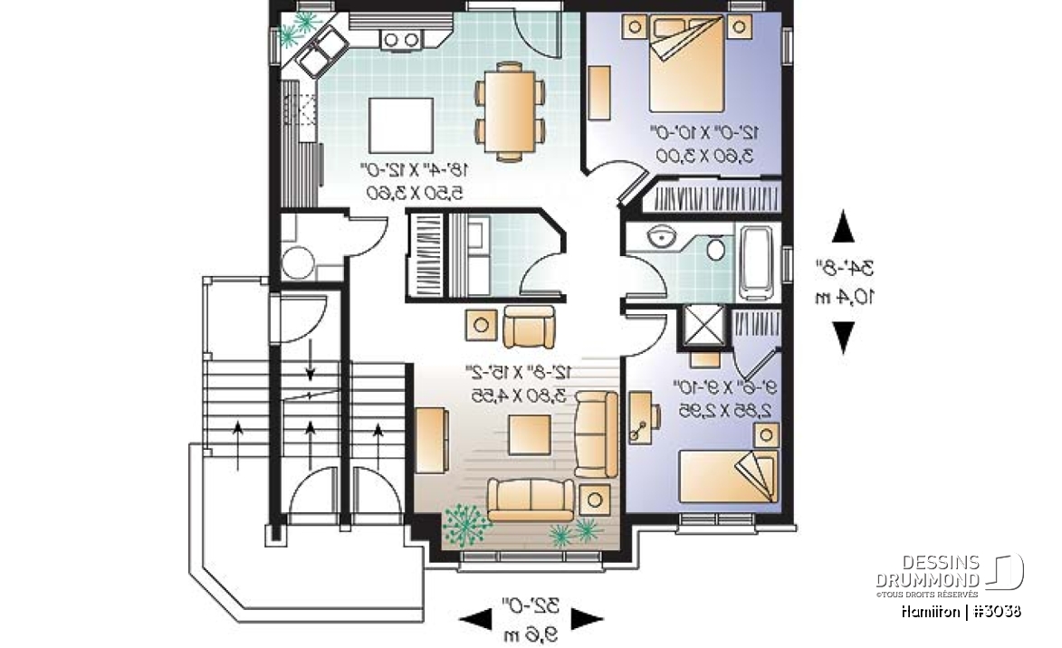 Rez-de-chaussée - Plan de triplex, 2 chambres, 1 salle de bain, buanderie, cuisine avec îlot,  rangement - Hamilton
