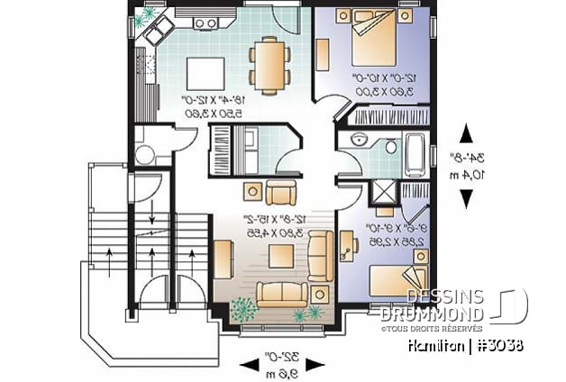 Rez-de-chaussée - Plan de triplex, 2 chambres, 1 salle de bain, buanderie, cuisine avec îlot,  rangement - Hamilton