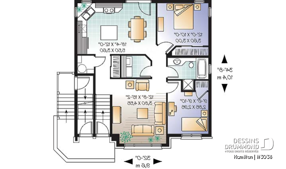 Rez-de-chaussée - Plan de triplex, 2 chambres, 1 salle de bain, buanderie, cuisine avec îlot,  rangement - Hamilton