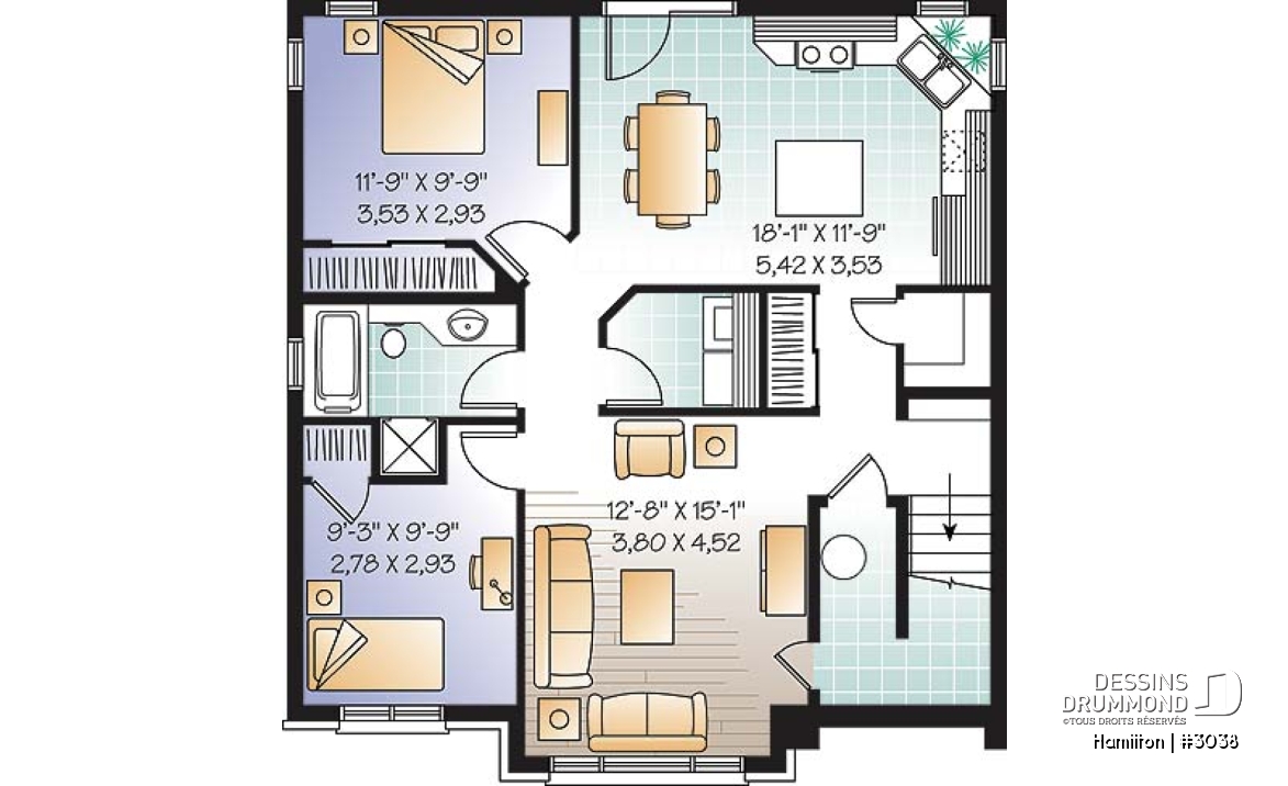 Sous-sol - Plan de triplex, 2 chambres, 1 salle de bain, buanderie, cuisine avec îlot,  rangement - Hamilton