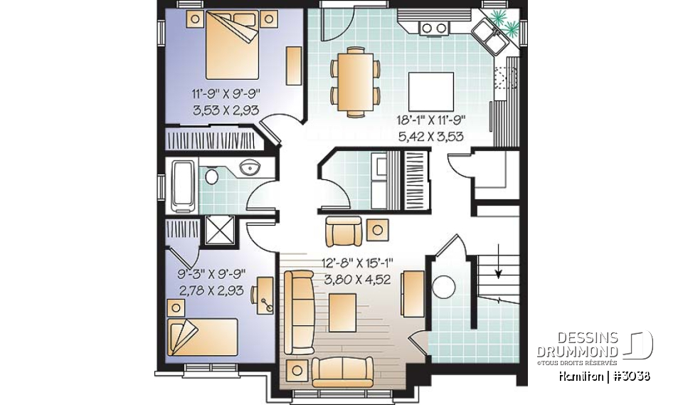 Sous-sol - Plan de triplex, 2 chambres, 1 salle de bain, buanderie, cuisine avec îlot,  rangement - Hamilton