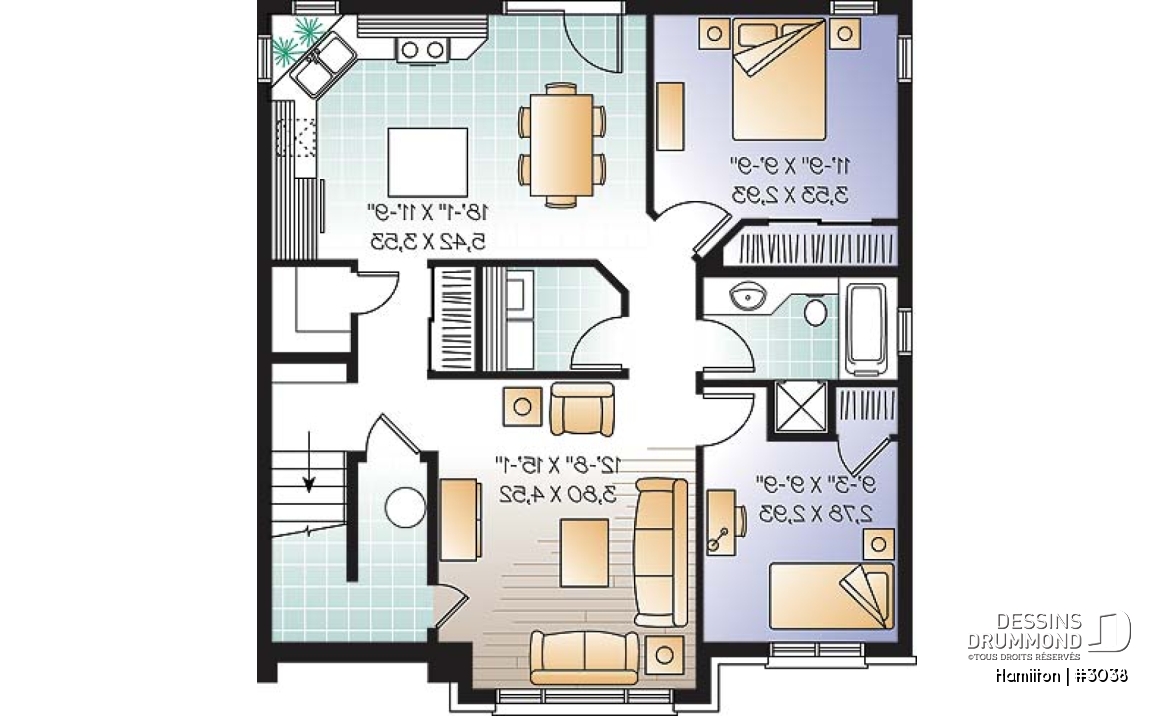 Sous-sol - Plan de triplex, 2 chambres, 1 salle de bain, buanderie, cuisine avec îlot,  rangement - Hamilton