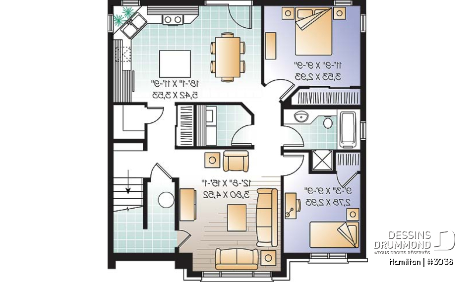 Sous-sol - Plan de triplex, 2 chambres, 1 salle de bain, buanderie, cuisine avec îlot,  rangement - Hamilton