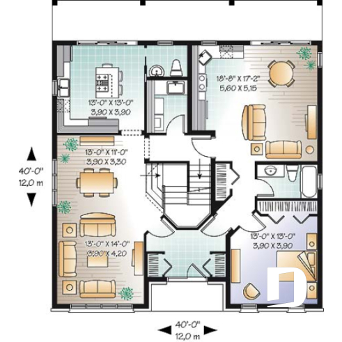 Rez-de-chaussée - Plan de bi-génération à étage, 4 à 5 chambres et 2 salles familiales au logement principale - Cavendish