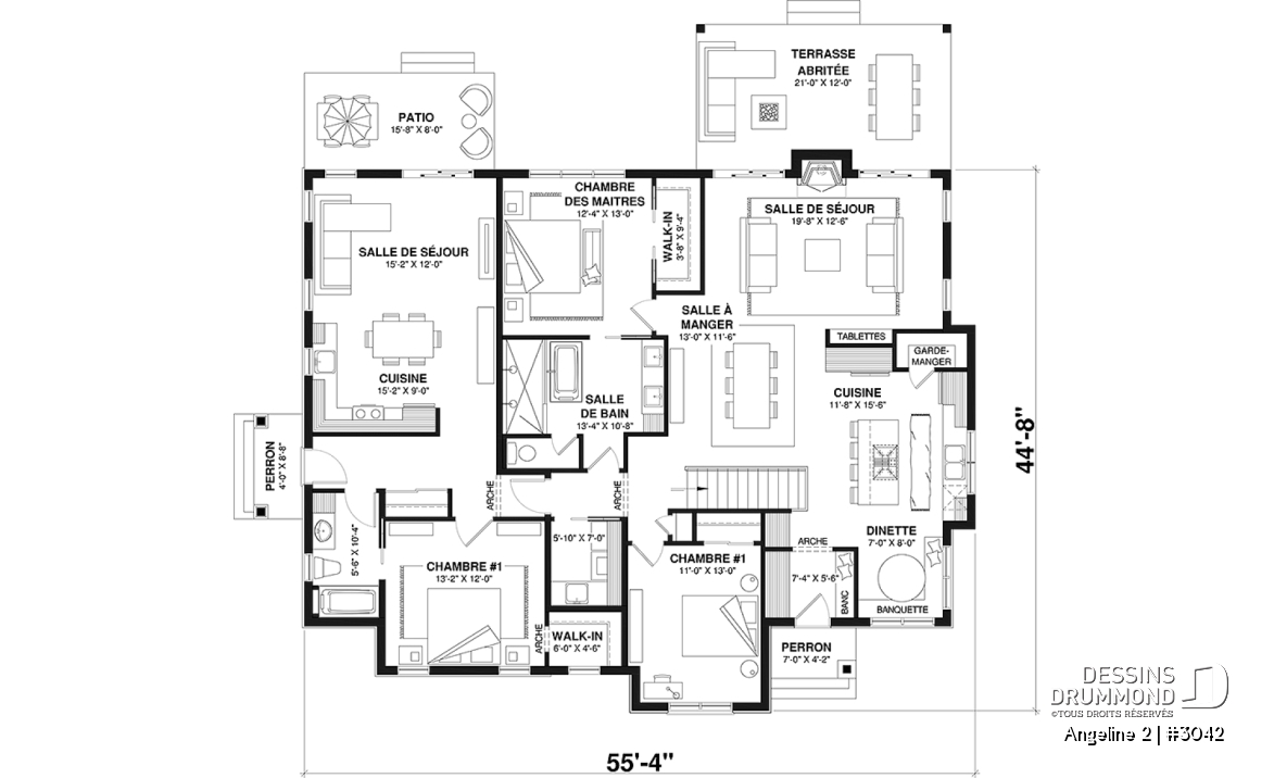 Rez-de-chaussée - Plan de maison bi-génération de style farmhouse moderne, total de 2+1 chambres, terrasse abritée - Angeline 2