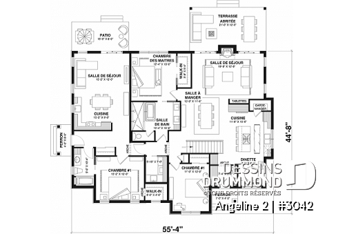 Rez-de-chaussée - Plan de maison bi-génération de style farmhouse moderne, total de 2+1 chambres, terrasse abritée - Angeline 2