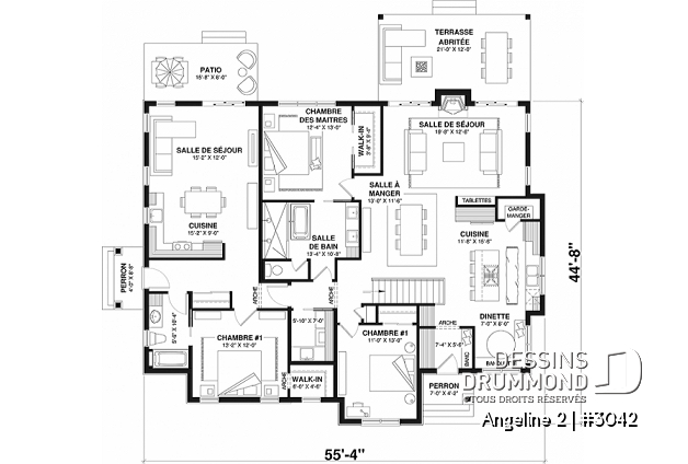 Rez-de-chaussée - Plan de maison bi-génération de style farmhouse moderne, total de 2+1 chambres, terrasse abritée - Angeline 2