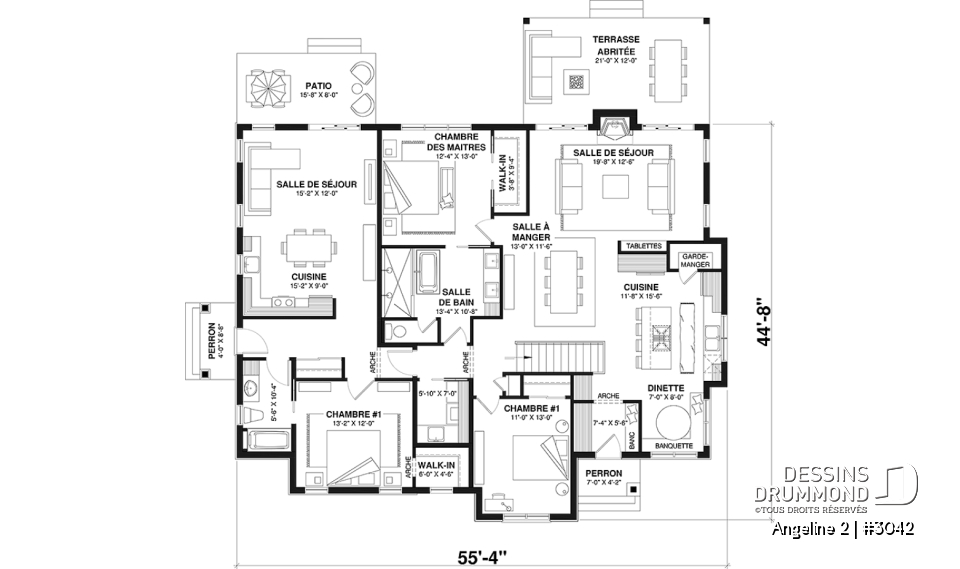Rez-de-chaussée - Plan de maison bi-génération de style farmhouse moderne, total de 2+1 chambres, terrasse abritée - Angeline 2