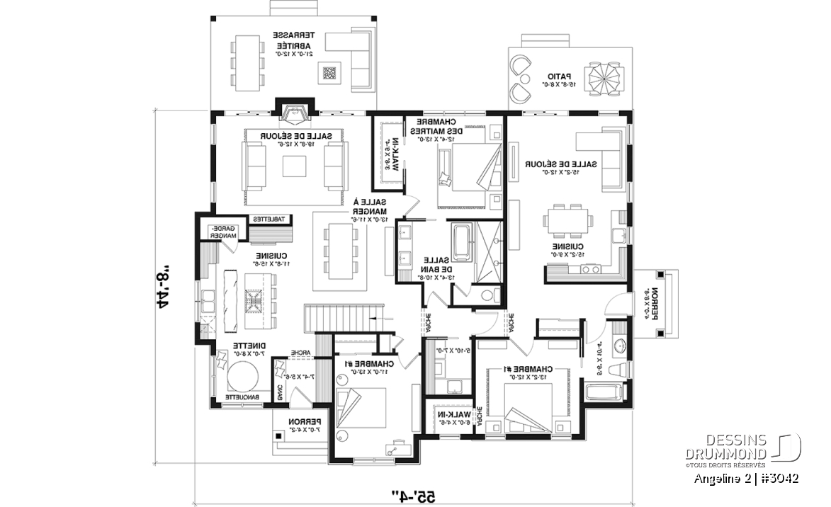 Rez-de-chaussée - Plan de maison bi-génération de style farmhouse moderne, total de 2+1 chambres, terrasse abritée - Angeline 2