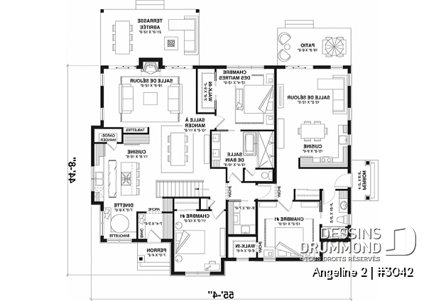 Rez-de-chaussée - Plan de maison bi-génération de style farmhouse moderne, total de 2+1 chambres, terrasse abritée - Angeline 2