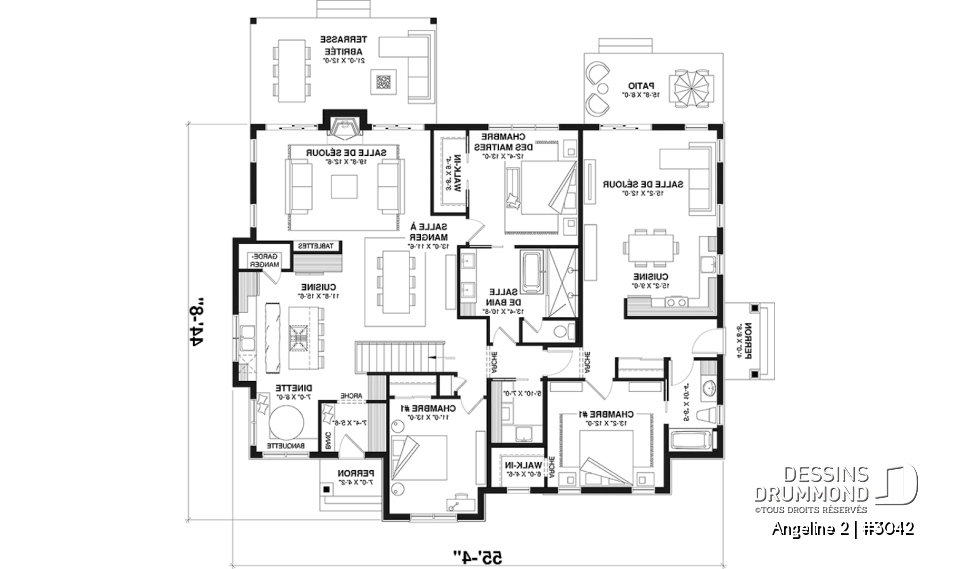 Rez-de-chaussée - Plan de maison bi-génération de style farmhouse moderne, total de 2+1 chambres, terrasse abritée - Angeline 2