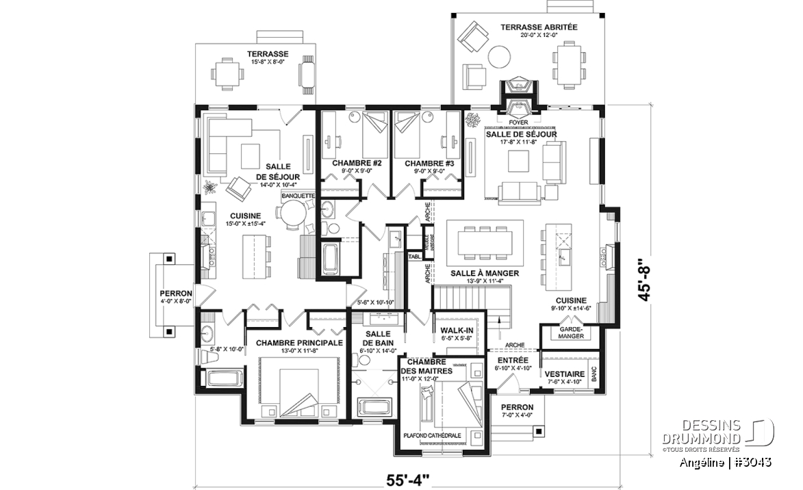 Rez-de-chaussée - Plan de maison bi-génération plain-pied, 1+3 chambres, terrasse abritée, 2 foyers côté famille  - Angéline