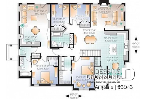 Rez-de-chaussée - Plan de maison bi-génération plain-pied, grand espace, 3 chambres, foyer et îlot à la cuisine côté famille  - Angéline