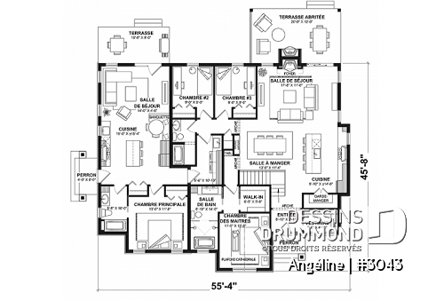 Rez-de-chaussée - Plan de maison bi-génération plain-pied, grand espace, 3 chambres, foyer et îlot à la cuisine côté famille  - Angéline