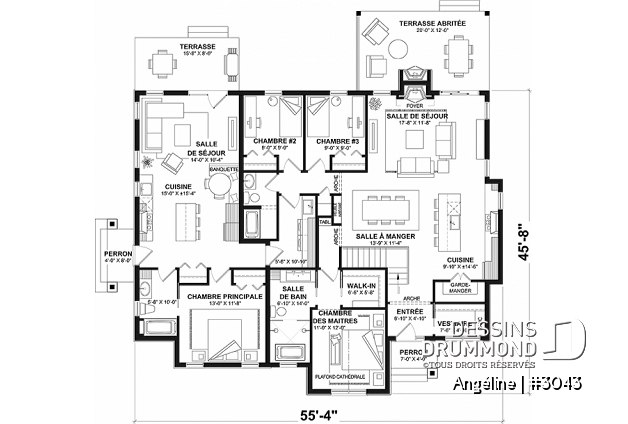 Rez-de-chaussée - Plan de maison bi-génération plain-pied, 1+3 chambres, terrasse abritée, 2 foyers côté famille  - Angéline