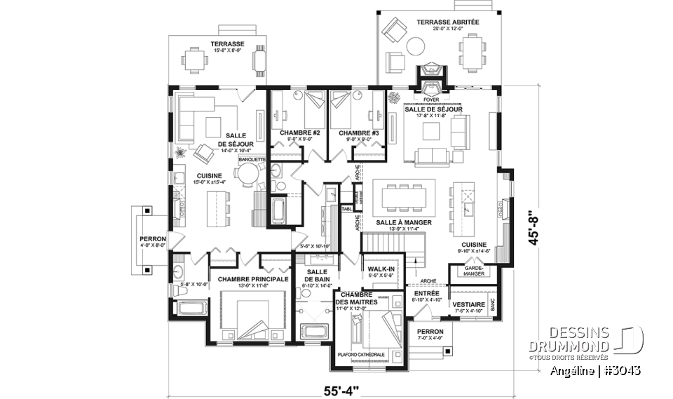 Rez-de-chaussée - Plan de maison bi-génération plain-pied, 1+3 chambres, terrasse abritée, 2 foyers côté famille  - Angéline