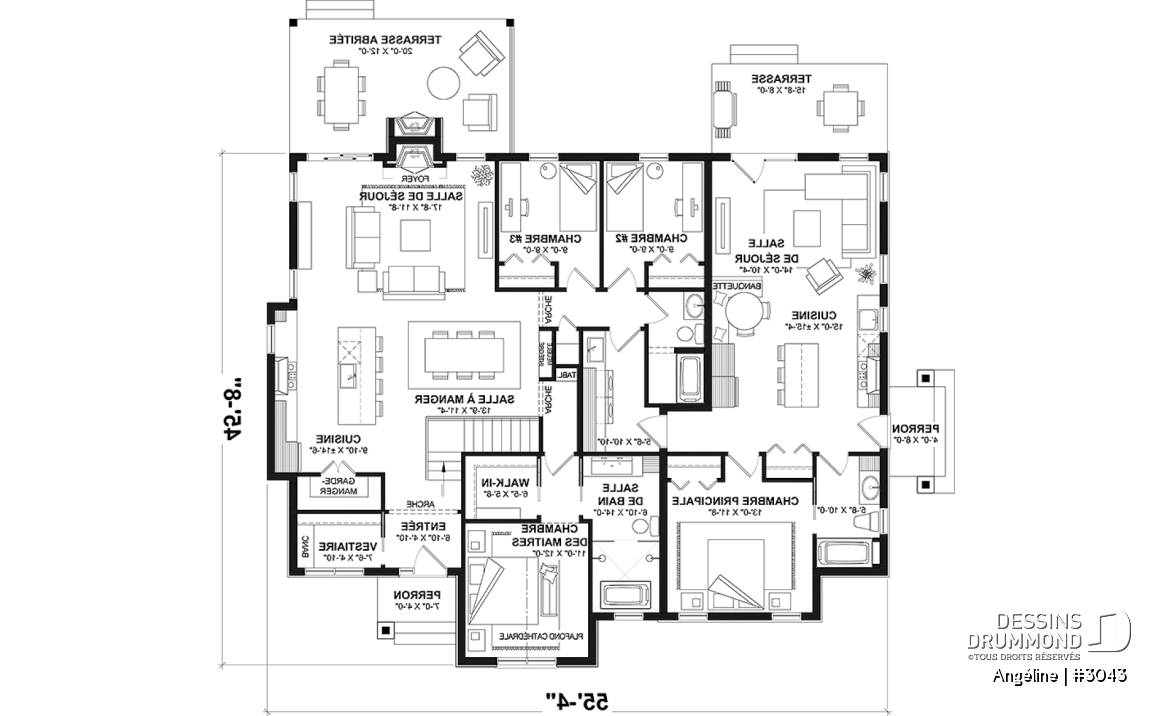 Rez-de-chaussée - Plan de maison bi-génération plain-pied, 1+3 chambres, terrasse abritée, 2 foyers côté famille  - Angéline