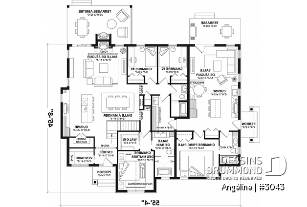 Rez-de-chaussée - Plan de maison bi-génération plain-pied, 1+3 chambres, terrasse abritée, 2 foyers côté famille  - Angéline