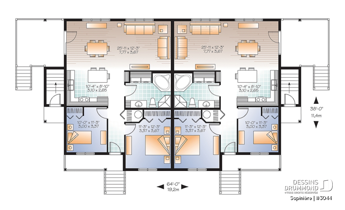 Rez-de-chaussée - Plan de 4 logements, 2 chambres, 1 salle de bain avec buanderie, cuisine, salle à manger et salon à l'arrière - Sapinière