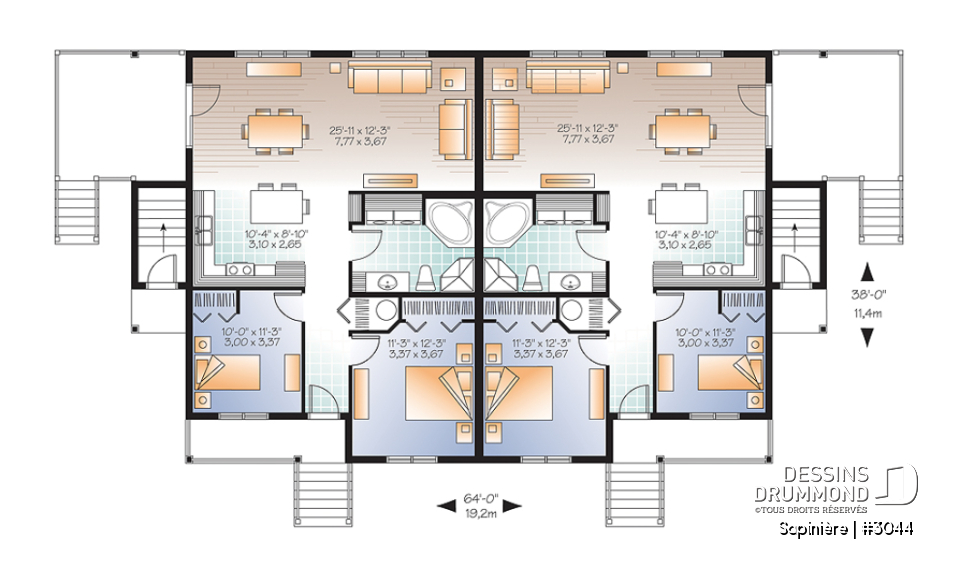 Rez-de-chaussée - Plan de 4 logements, 2 chambres, 1 salle de bain avec buanderie, cuisine, salle à manger et salon à l'arrière - Sapinière