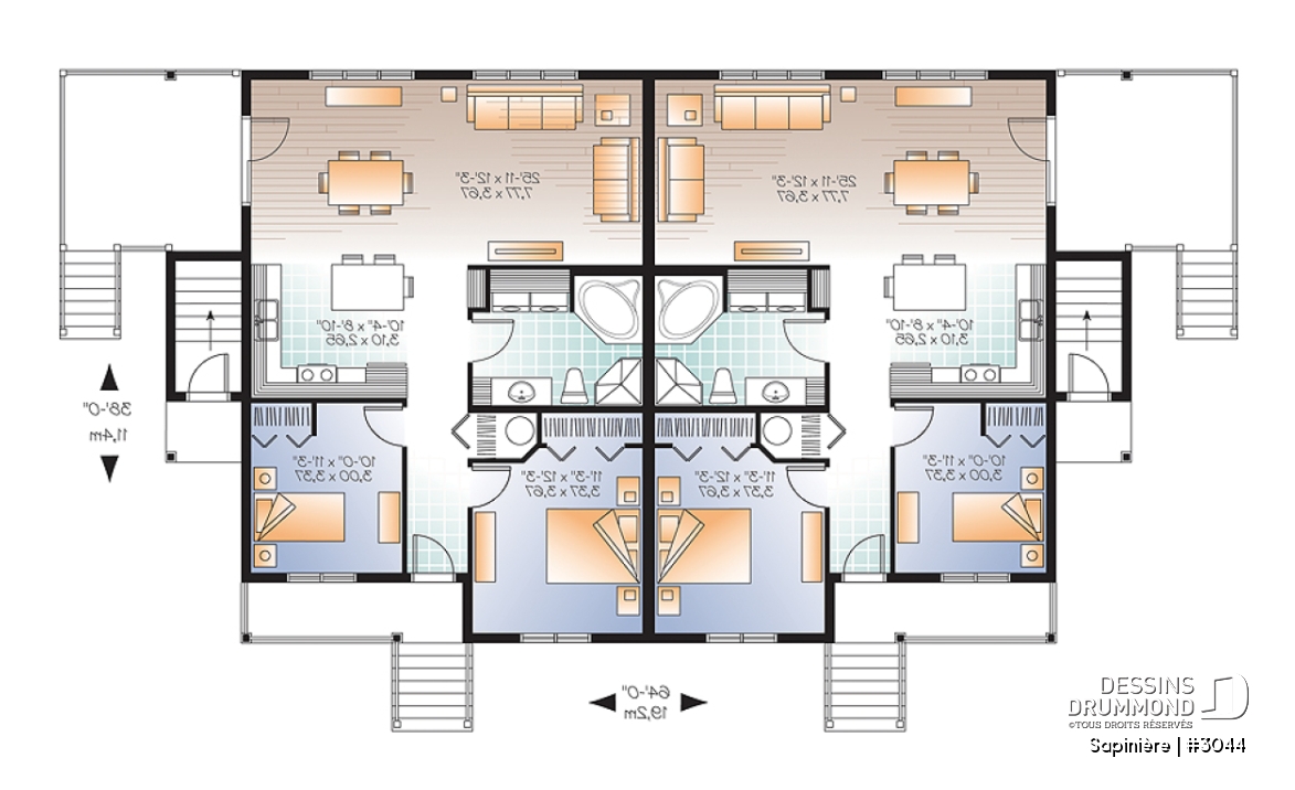 Rez-de-chaussée - Plan de 4 logements, 2 chambres, 1 salle de bain avec buanderie, cuisine, salle à manger et salon à l'arrière - Sapinière