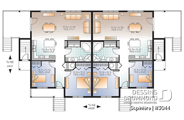 Rez-de-chaussée - Plan de 4 logements, 2 chambres, 1 salle de bain avec buanderie, cuisine, salle à manger et salon à l'arrière - Sapinière