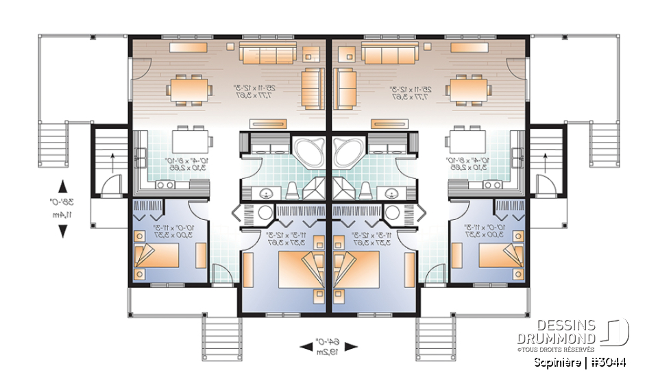 Rez-de-chaussée - Plan de 4 logements, 2 chambres, 1 salle de bain avec buanderie, cuisine, salle à manger et salon à l'arrière - Sapinière