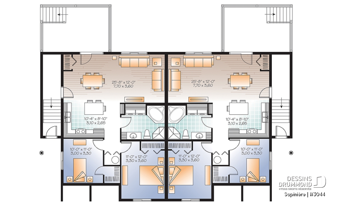 Sous-sol - Plan de 4 logements, 2 chambres, 1 salle de bain avec buanderie, cuisine, salle à manger et salon à l'arrière - Sapinière