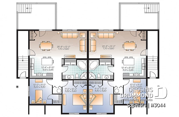 Sous-sol - Plan de 4 logements, 2 chambres, 1 salle de bain avec buanderie, cuisine, salle à manger et salon à l'arrière - Sapinière