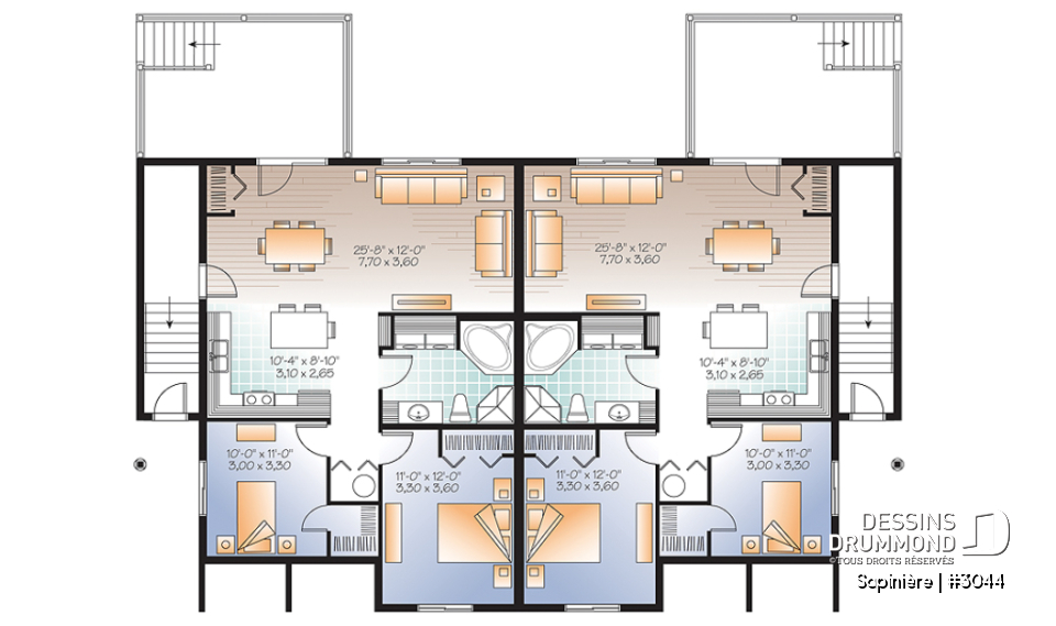Sous-sol - Plan de 4 logements, 2 chambres, 1 salle de bain avec buanderie, cuisine, salle à manger et salon à l'arrière - Sapinière