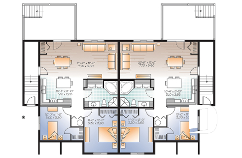 Sous-sol - Plan de 4 logements, 2 chambres, 1 salle de bain avec buanderie, cuisine, salle à manger et salon à l'arrière - Sapinière