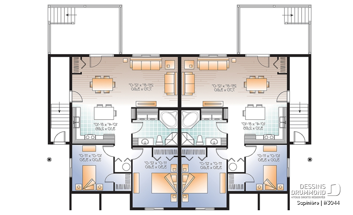 Sous-sol - Plan de 4 logements, 2 chambres, 1 salle de bain avec buanderie, cuisine, salle à manger et salon à l'arrière - Sapinière