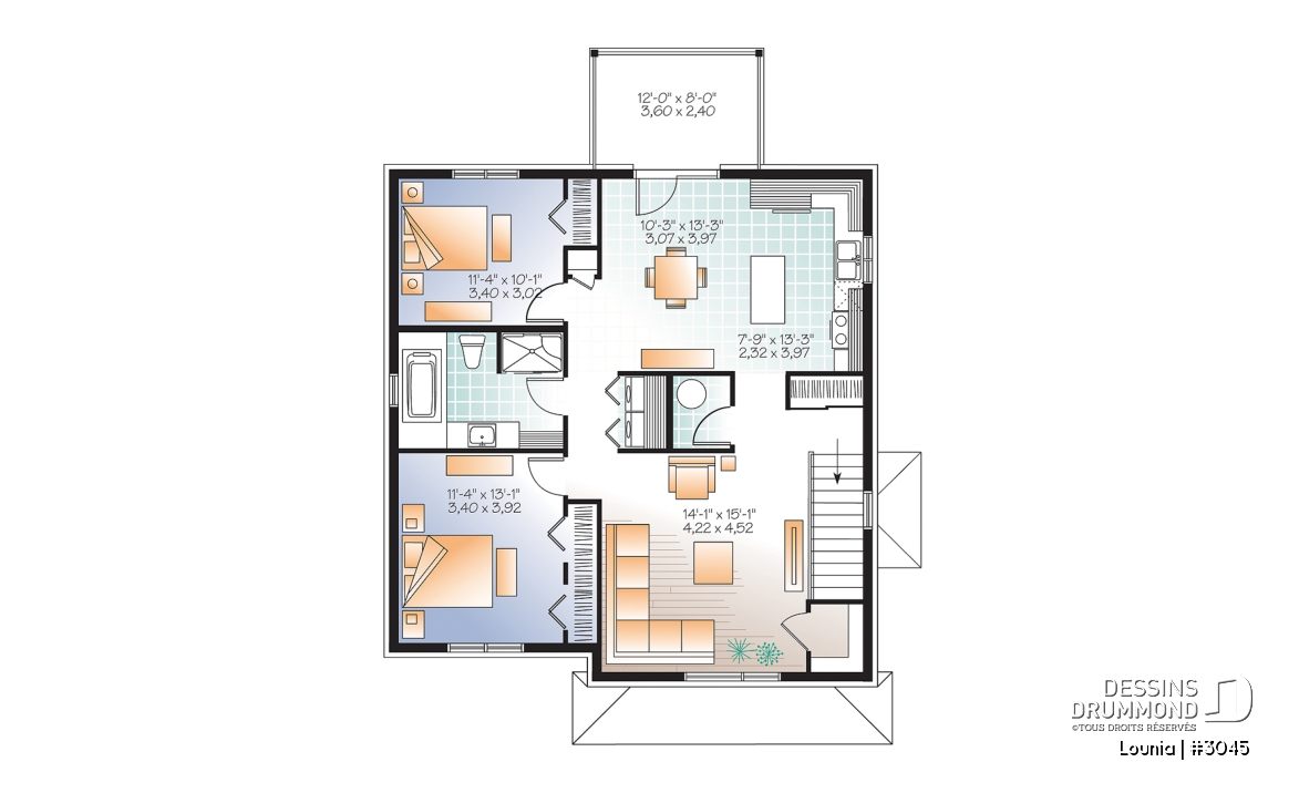 Étage - Plan de 3 logement,  modèle triplex moderne, 2 chambres, buanderie, balcon, garde-manger - Lounia
