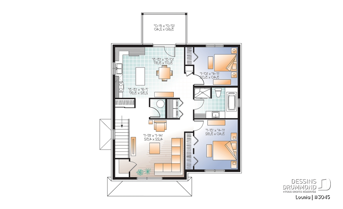 Étage - Plan de 3 logement,  modèle triplex moderne, 2 chambres, buanderie, balcon, garde-manger - Lounia