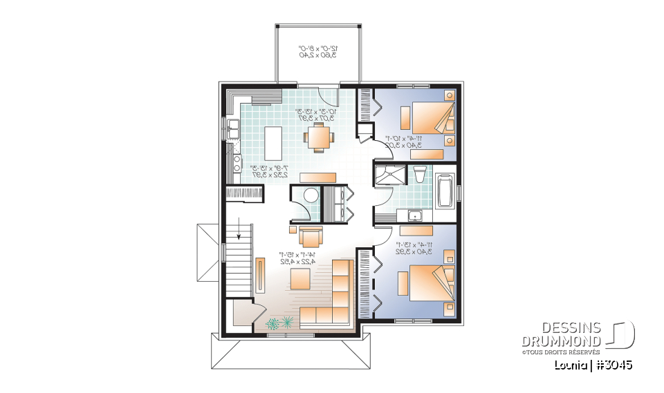 Étage - Plan de 3 logement,  modèle triplex moderne, 2 chambres, buanderie, balcon, garde-manger - Lounia